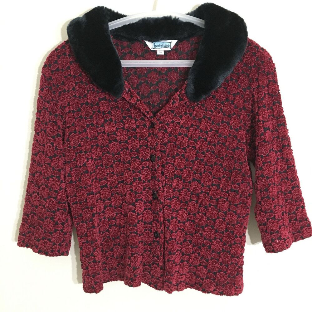 Vintage Hourglass Cardigan Sweater Womens Large Burgandy Black Faux Fur Collar